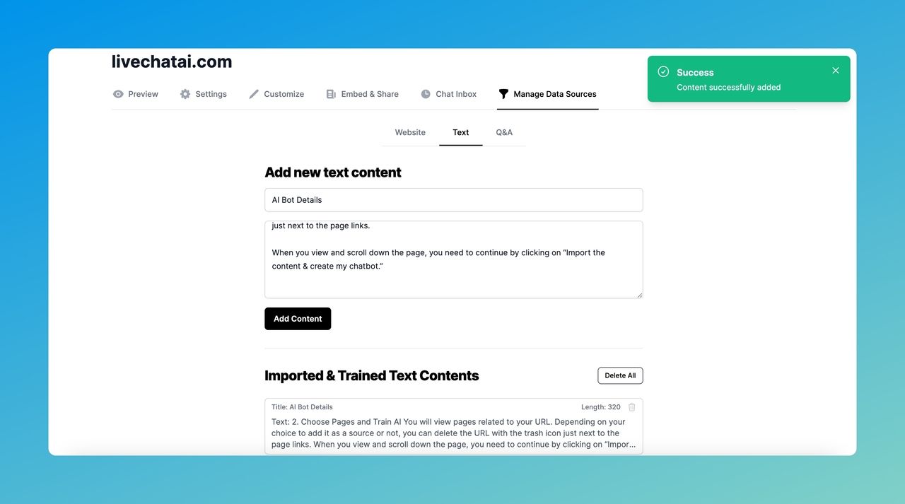 successful text content adding to the Text part of LiveChatAI