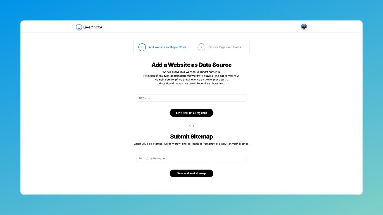 the first step of adding a website to LiveChatAI