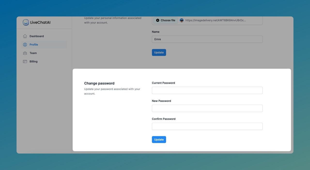 the Change password section of LiveChatAI