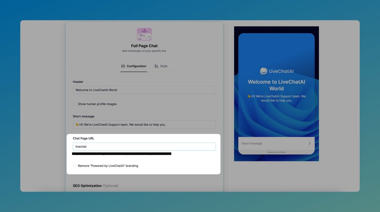 the URL editing of full page chat of LiveChatAI