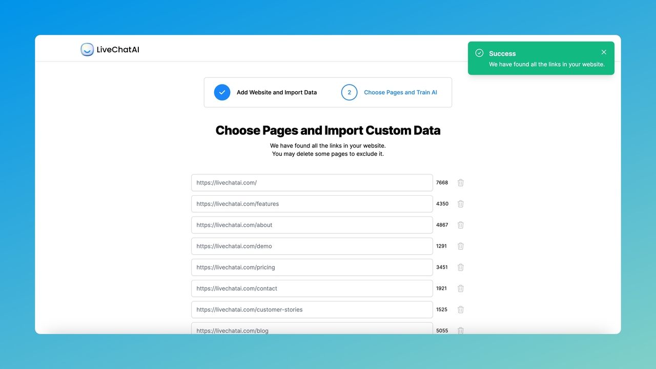 importing data from different page links with LiveChatAI for creating an AI bot