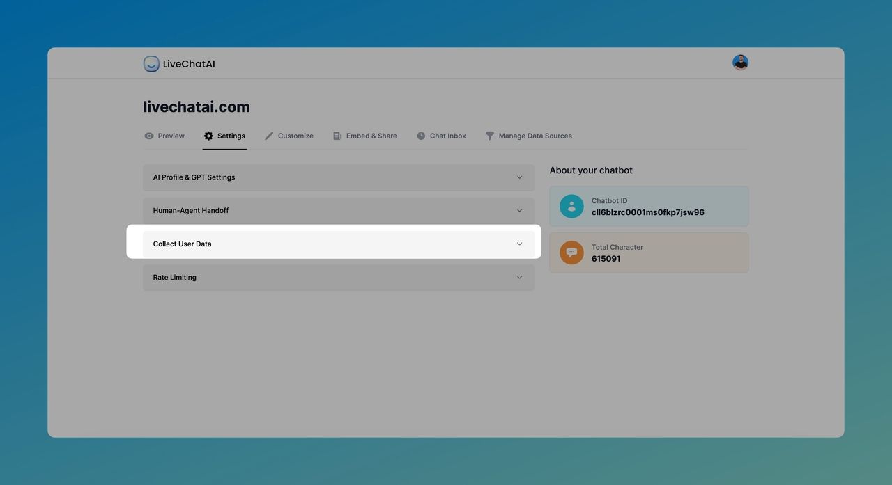 the title and the tab of Collect User Data under the Settings on LiveChatAI