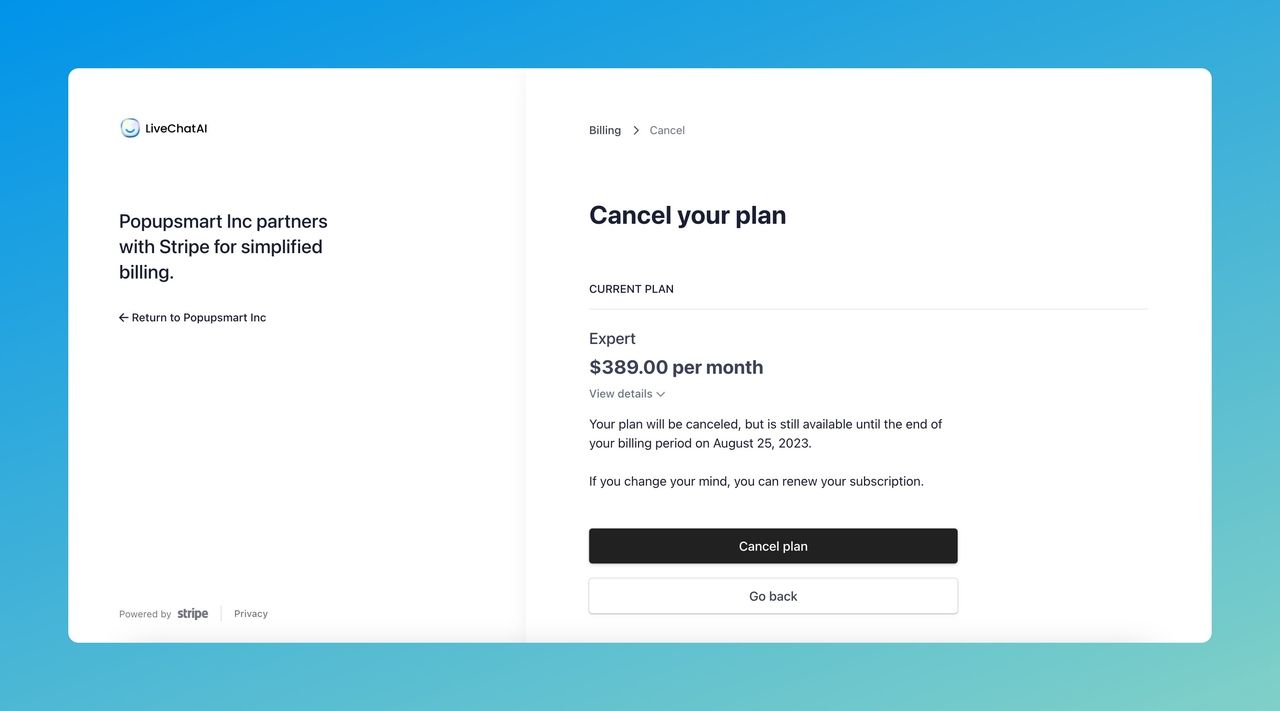 the cancellation of plan on LiveChatAI payment page