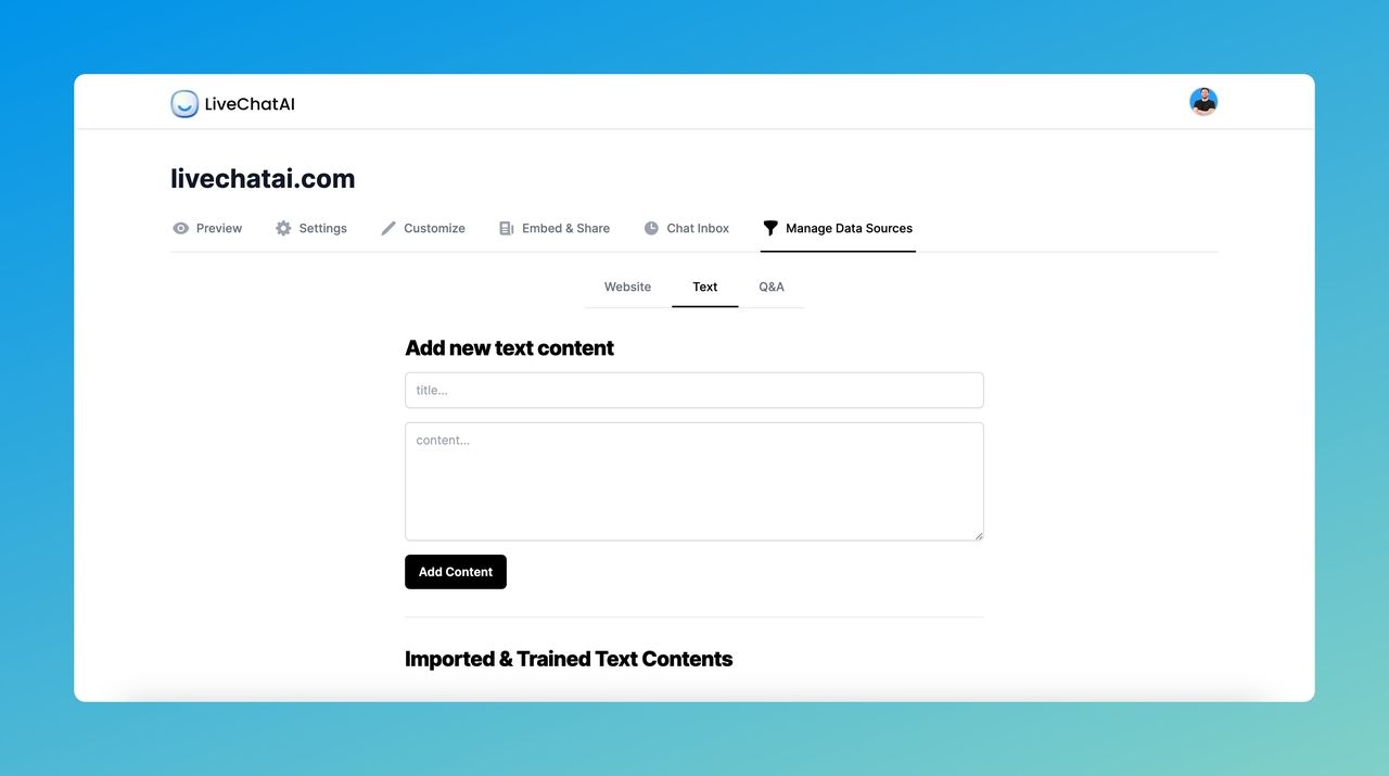 the Text section of Manage Data Sources title of LiveChatAI