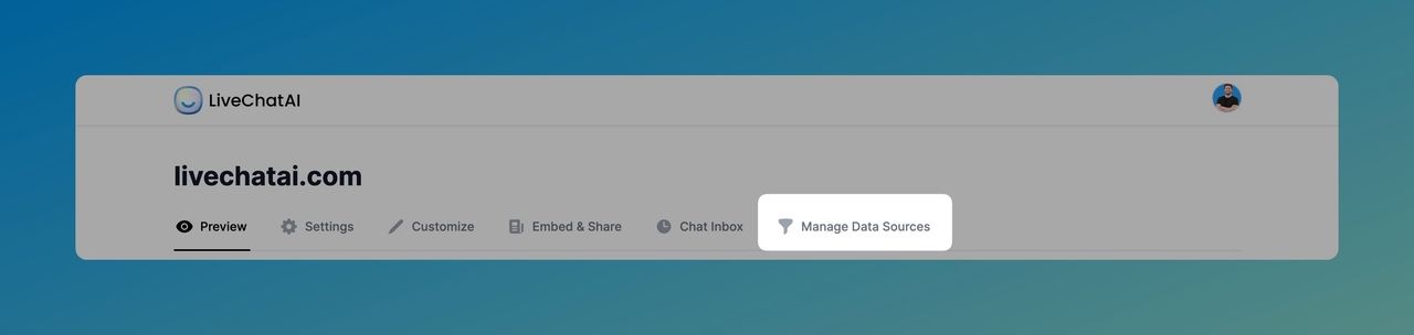 the Manage Data Sources title on the LiveChatAI dashboard