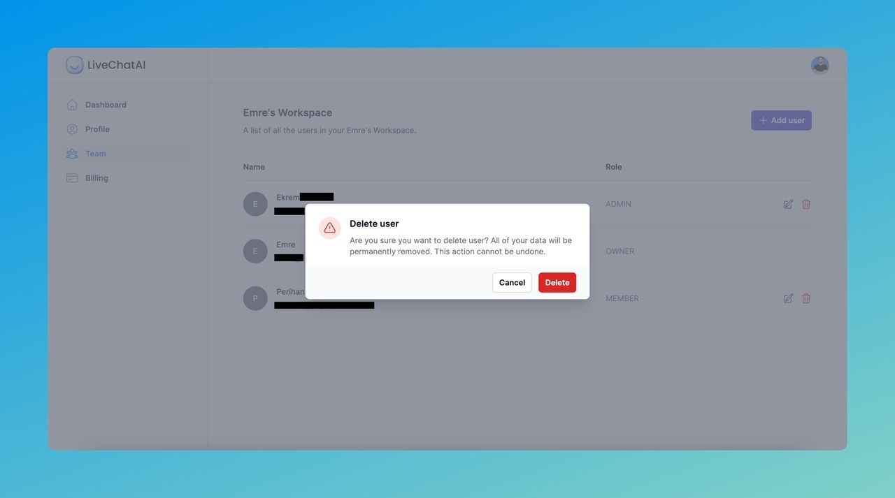 the modal of deleting the team members on the LiveChatAI account 