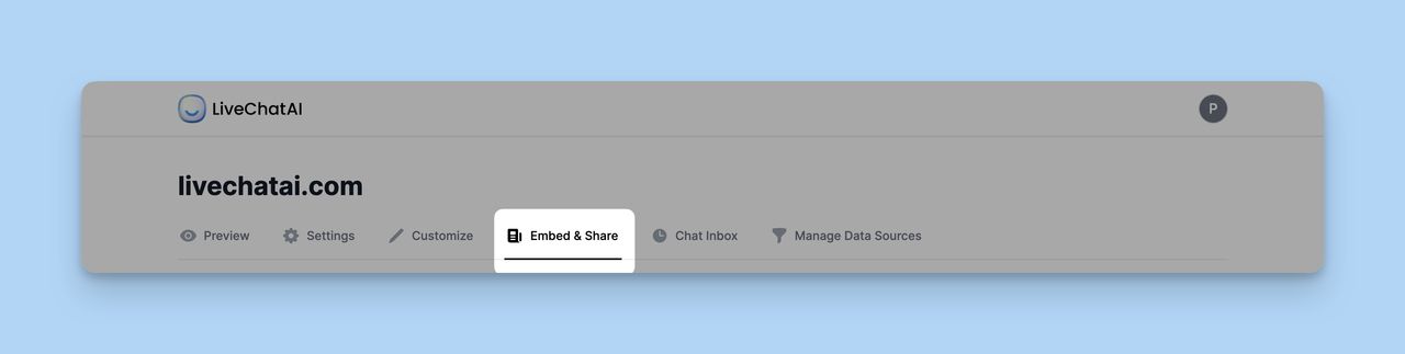 the Embed & Share section on the dashboard of LiveChatAI