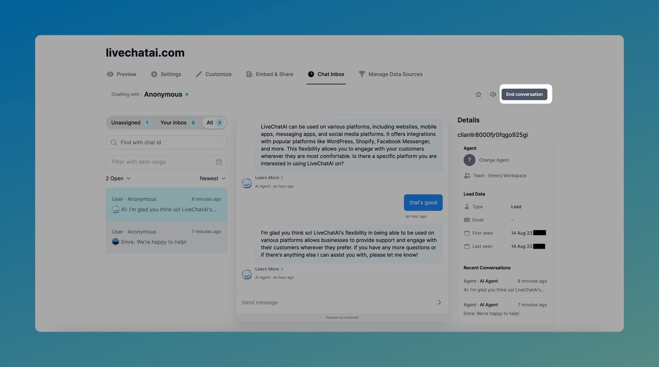 the "End conversation" button on LiveChatAI