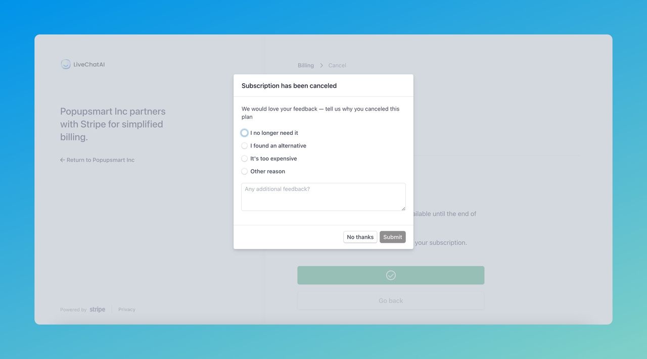 the feedback modal of LiveChatAI after cancelling the plan