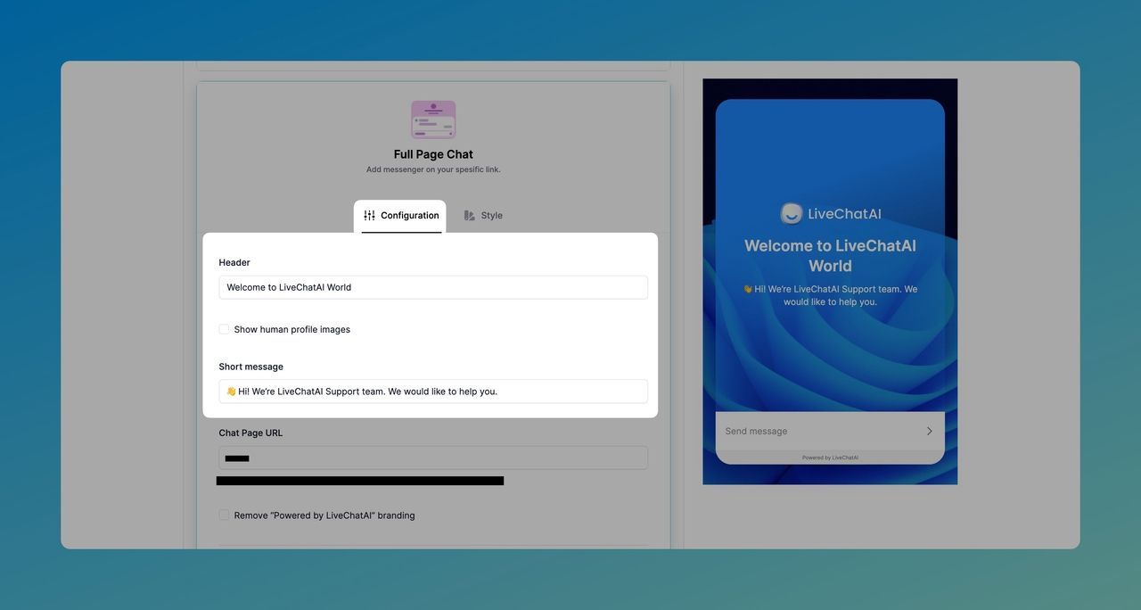 the Configuration tab for header and short message editing of LiveChatAI full page chat