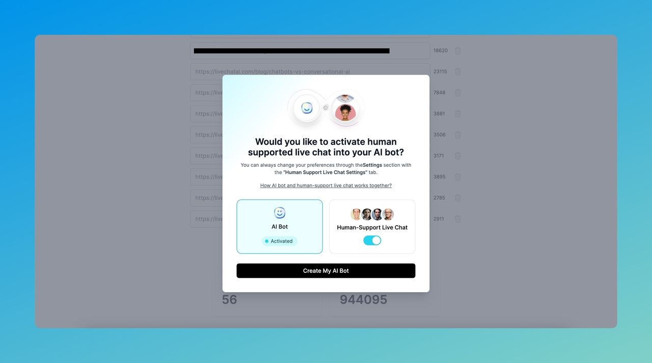 the human support live chat activation modal of LiveChatAI