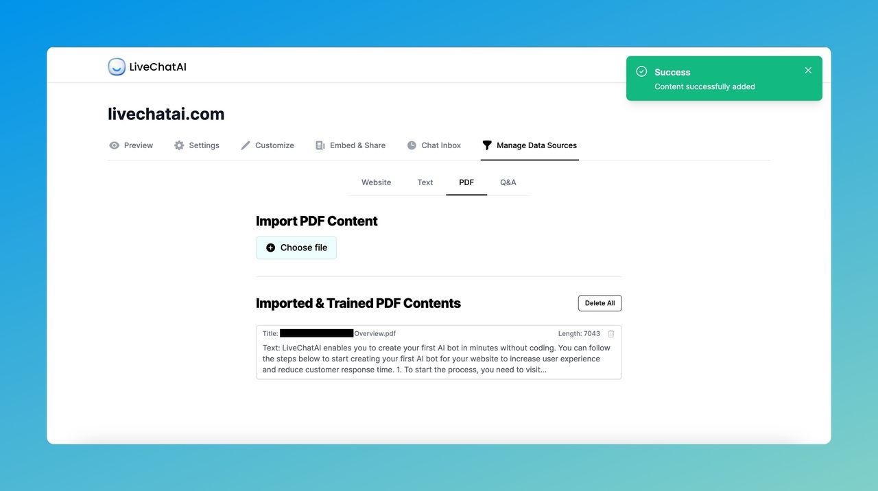 the Imported and Trained PDF Contents and successful sign of adding content on LiveChatAI