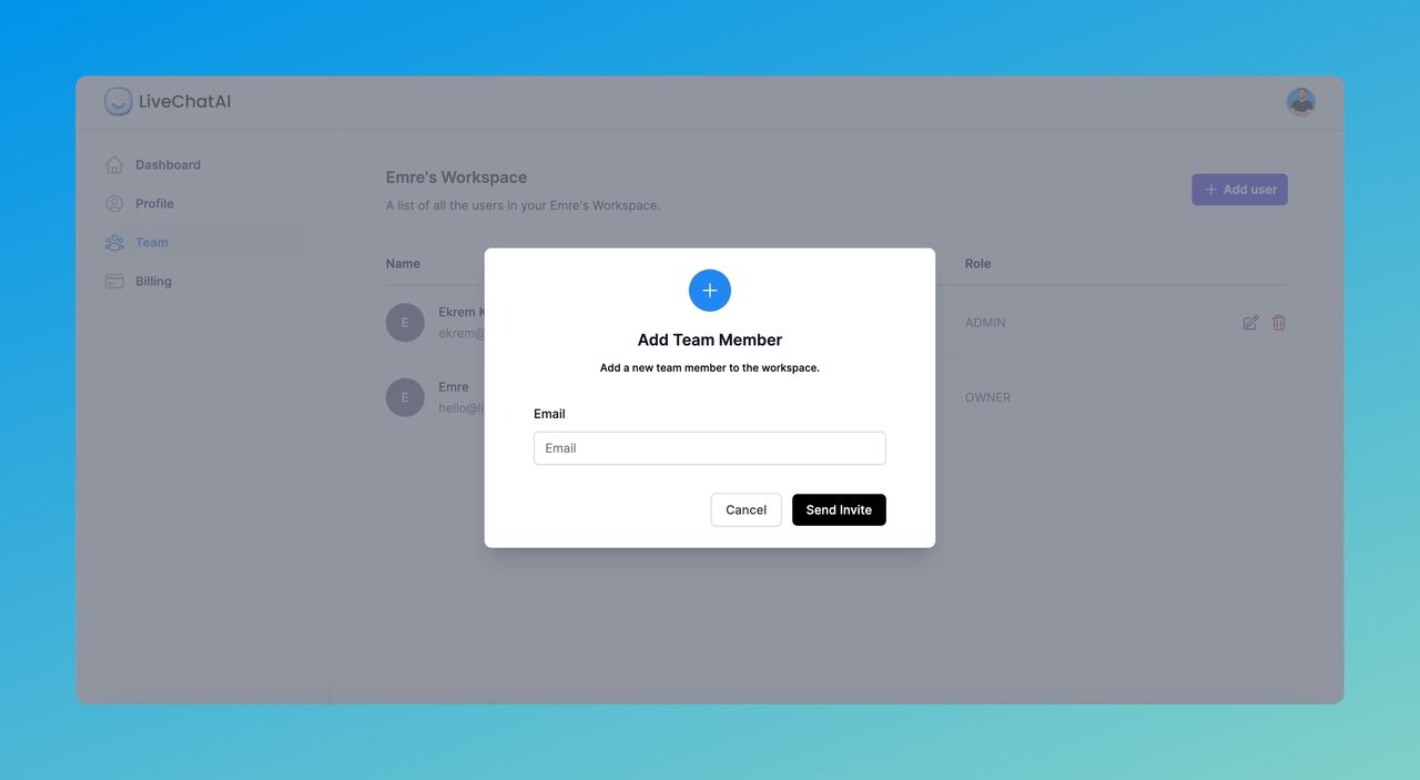 the modal of adding a team member to LiveChatAI account