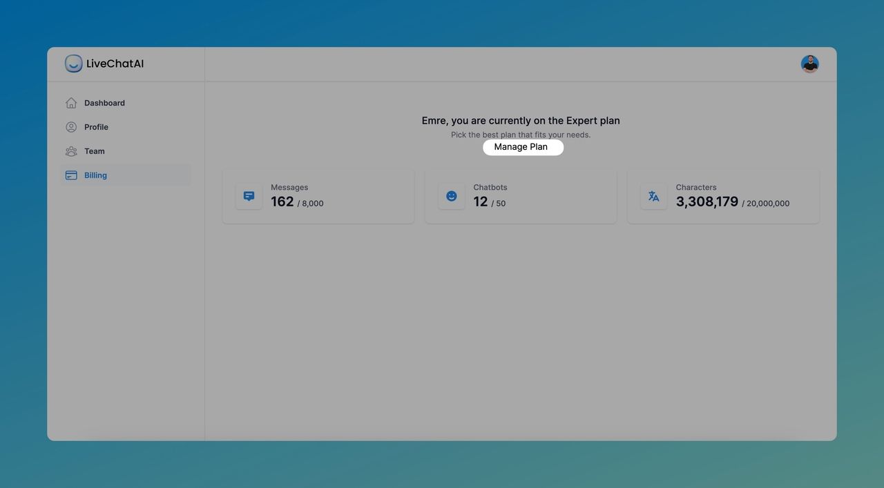 the Manage plan option of LiveChatAI payment