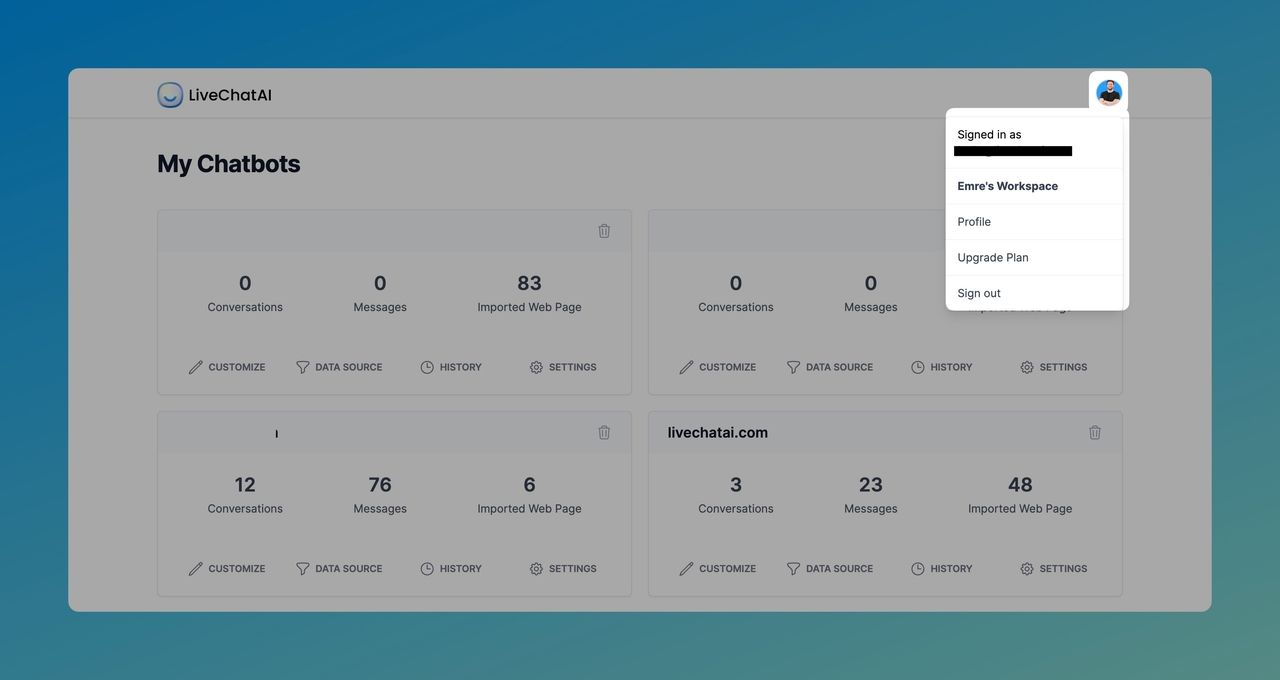 showing the profile settings in the LiveChatAI dashboard