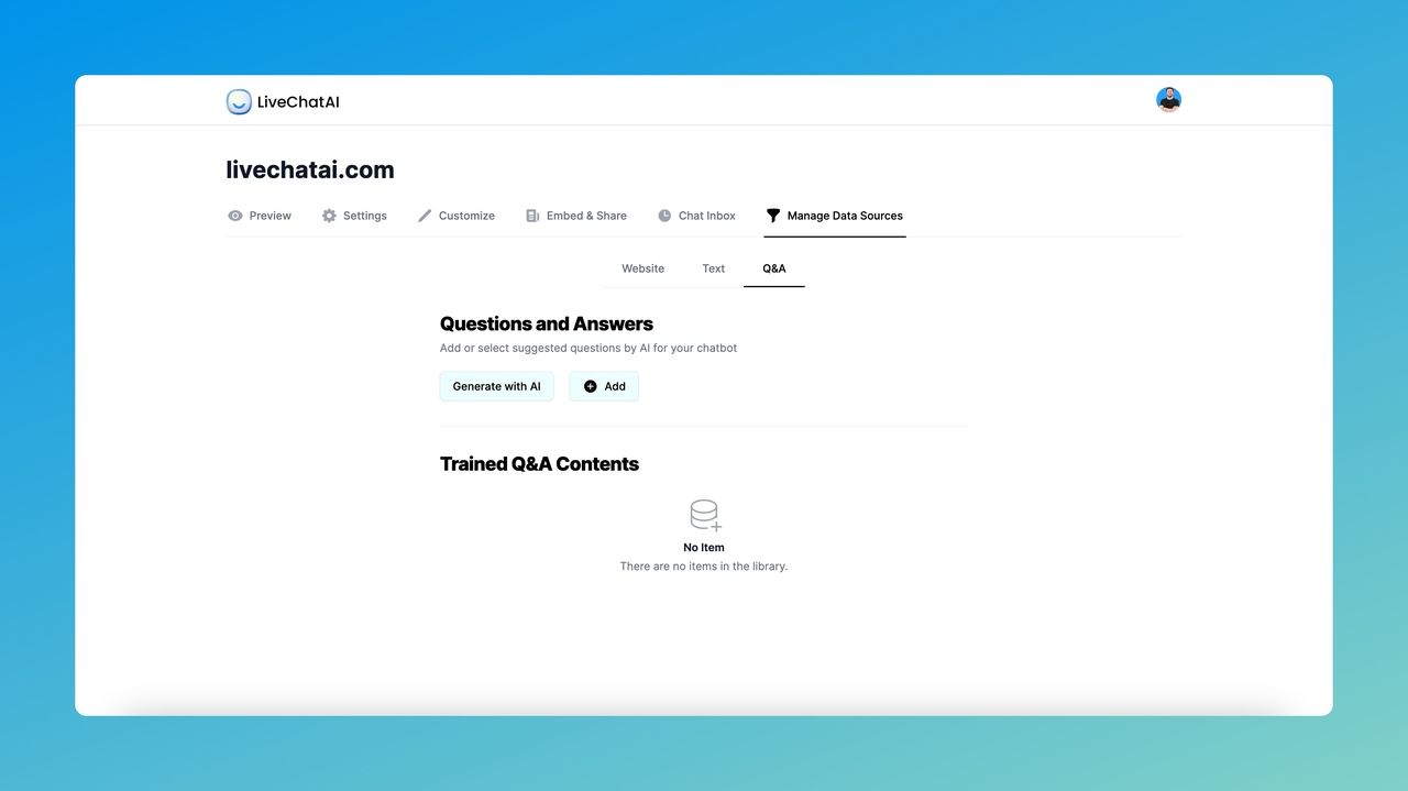 the Q&A part under Manage Data Source section of LiveChatAI