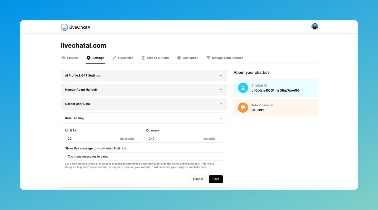 the Rate Limiting section on LiveChatAI