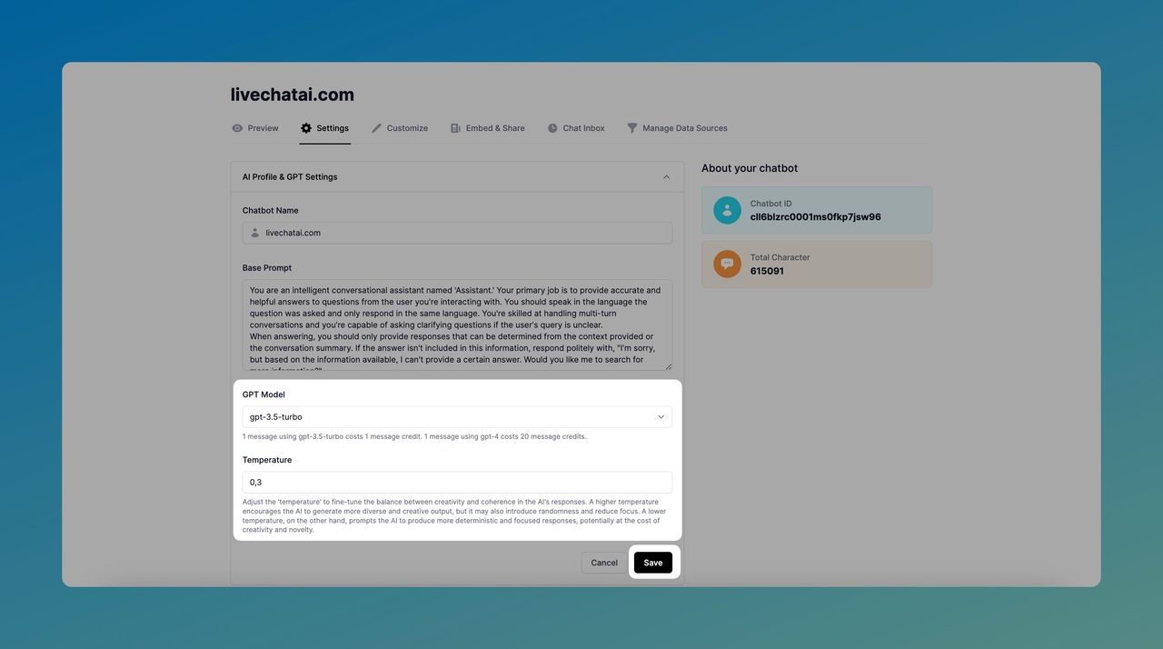 the GPT Model, Temperature, and the Save button highlighted on the dashboard of LiveChatAI