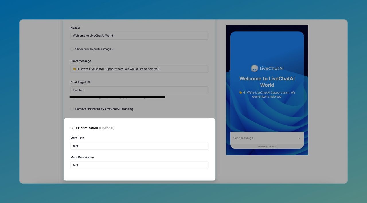 the SEO optimization section of full page chat of LiveChatAI