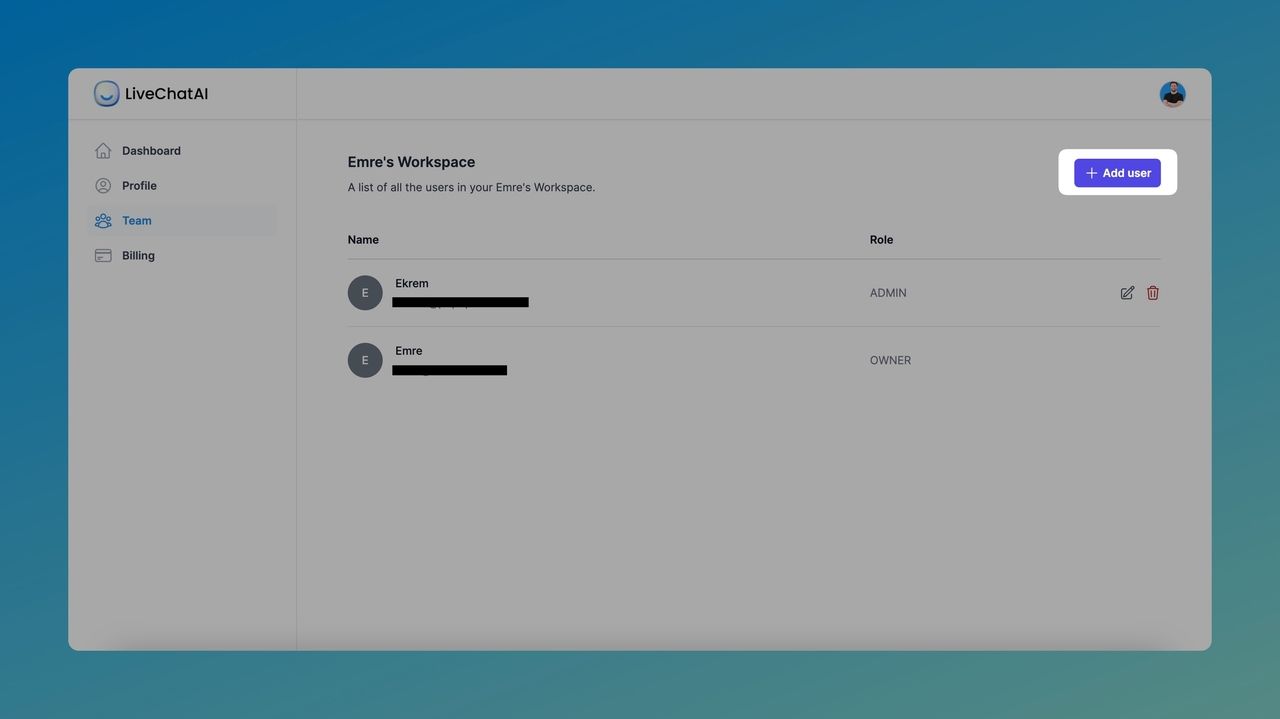 the Add user button on the dashboard of LiveChatAI
