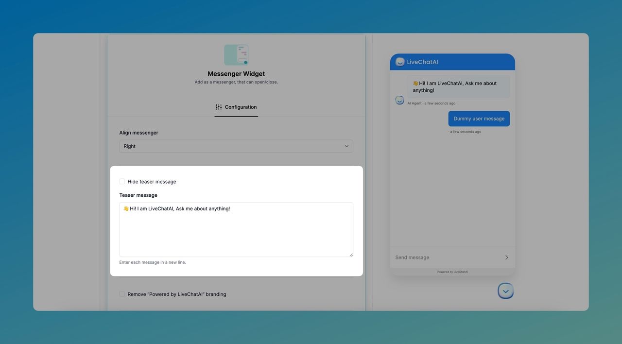 the Teaser area of the Messenger Widget of LiveChatAI