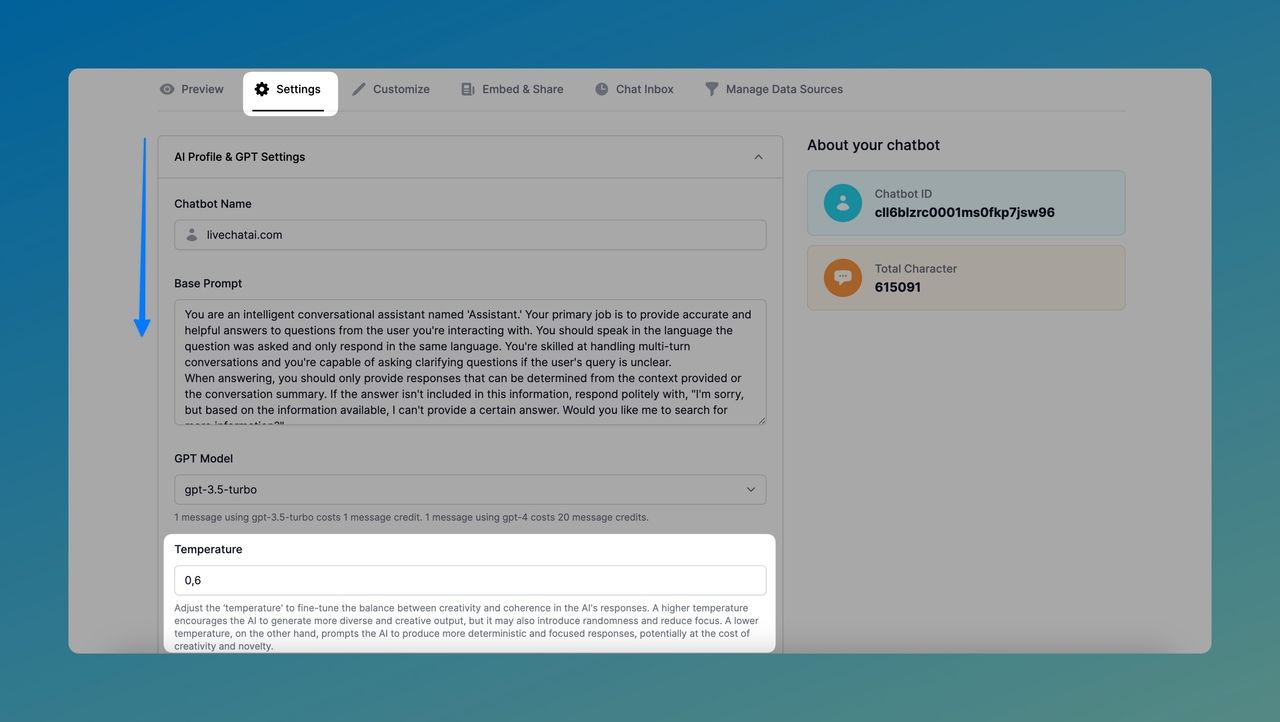 editing the Temperature value on LiveChatAI