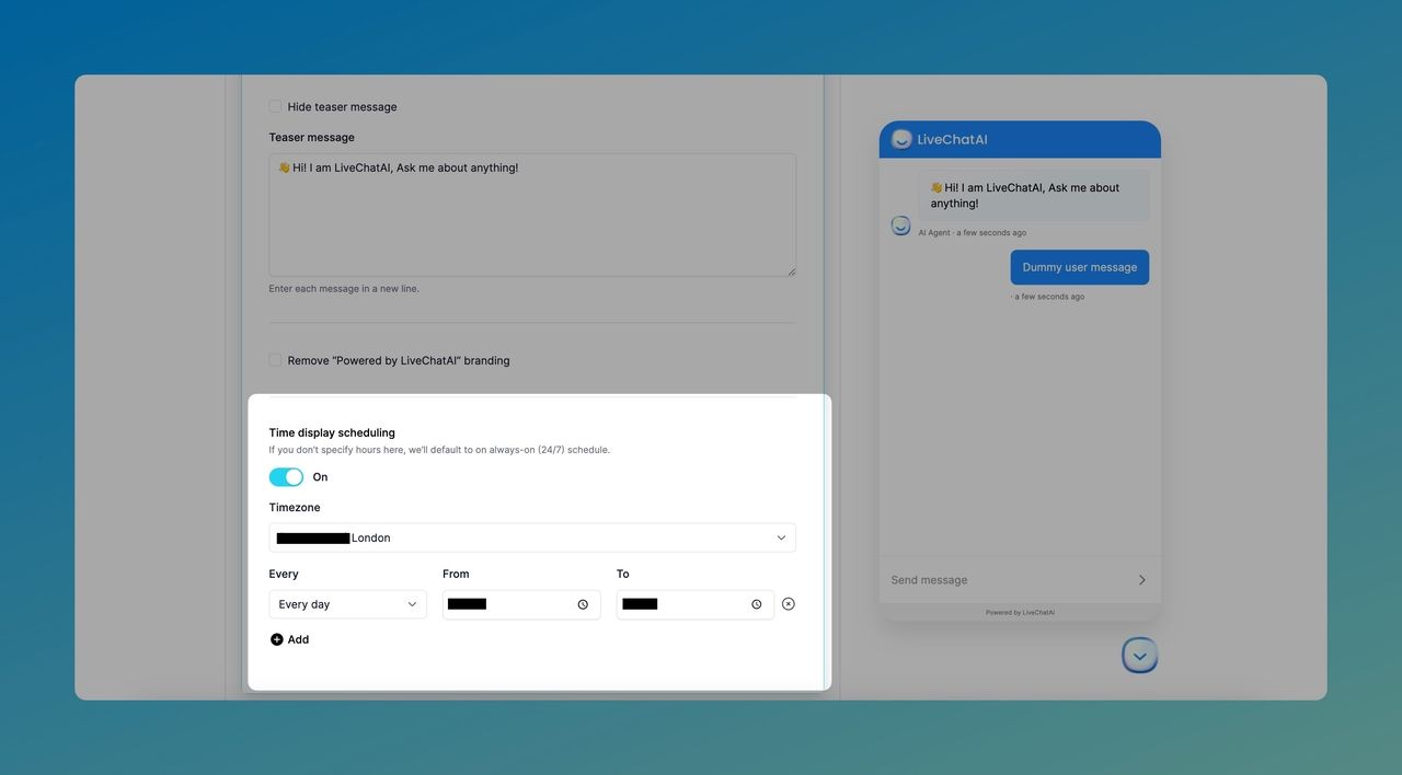 the Time display scheduling section of LiveChatAI's Customize tab