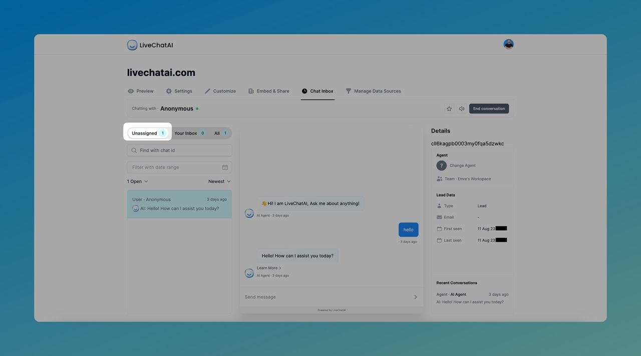 the Unassigned box in Chat Inbox of LiveChatAI