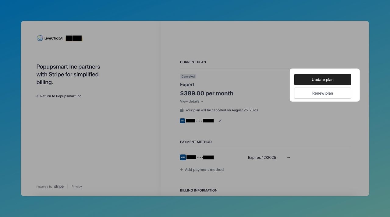 the Update plan and Renew plan buttons on LiveChatAI