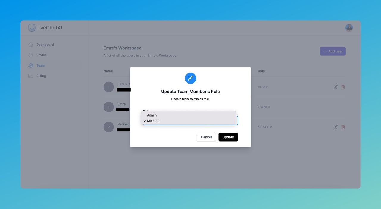 the modal of updating team member's role on LiveChatAI