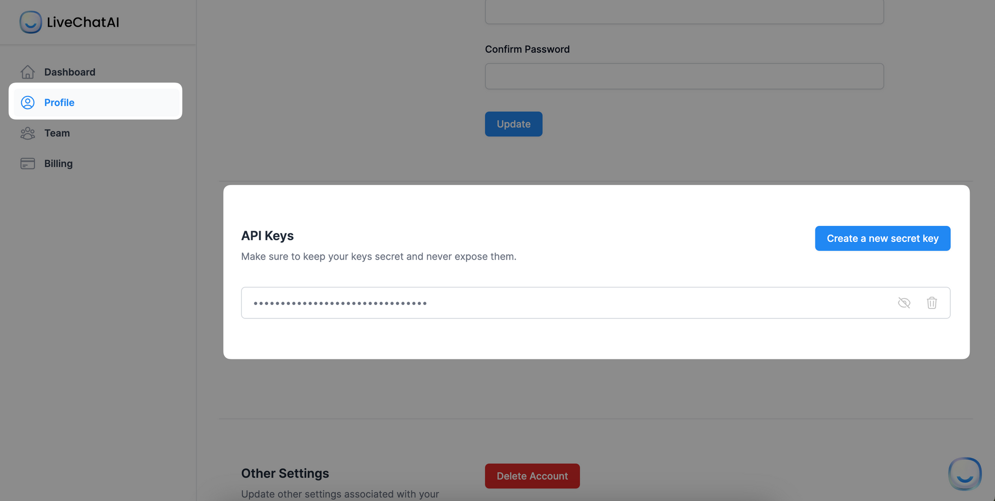 API key section under Profile section in LiveChatAI