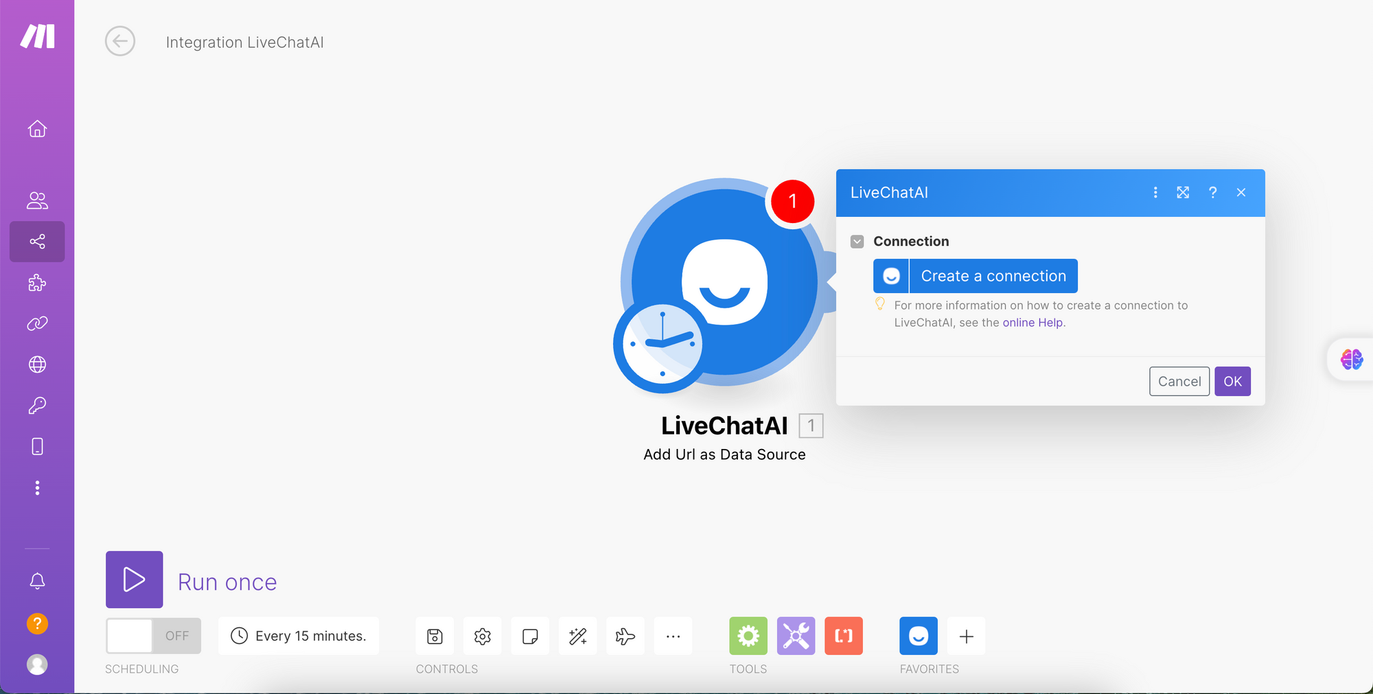 Creating a connection within LiveChatAI module in Make.com Scenario section