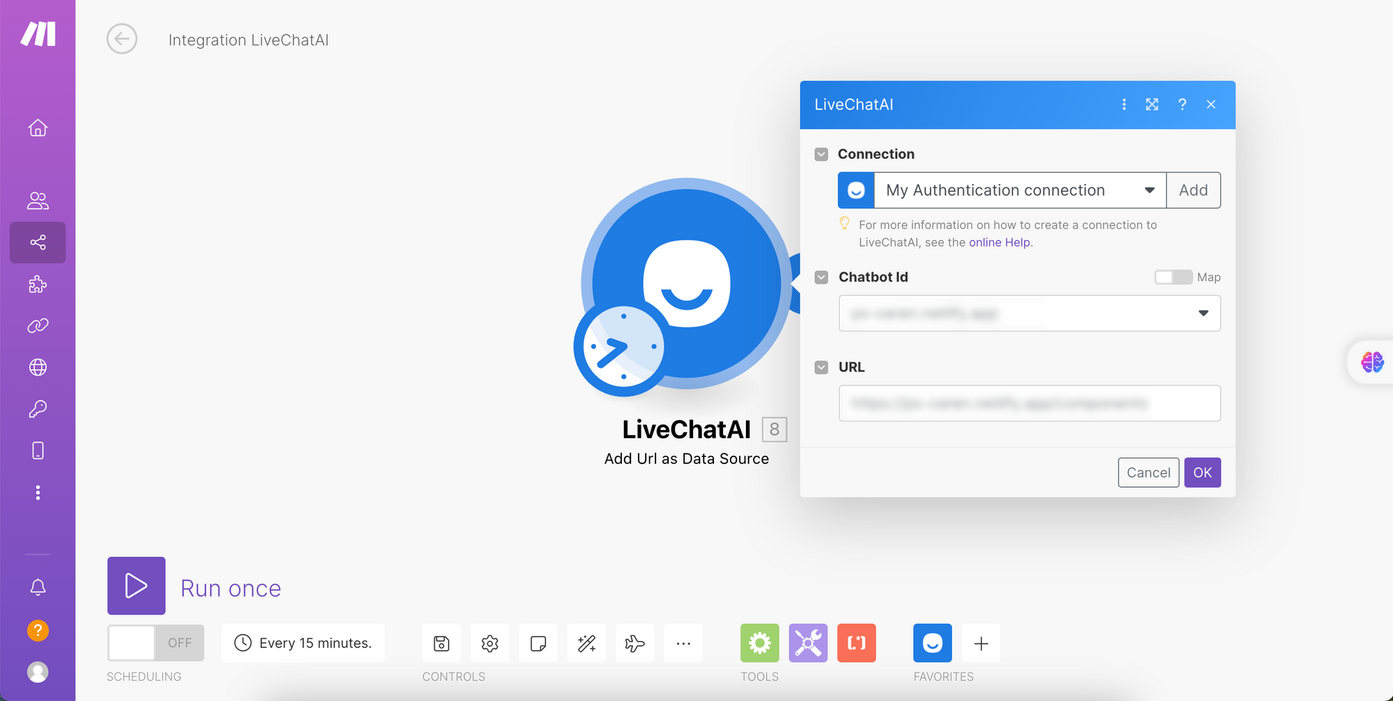 Editing Chatbot ID and URL section in LiveChatAI module in Make.com