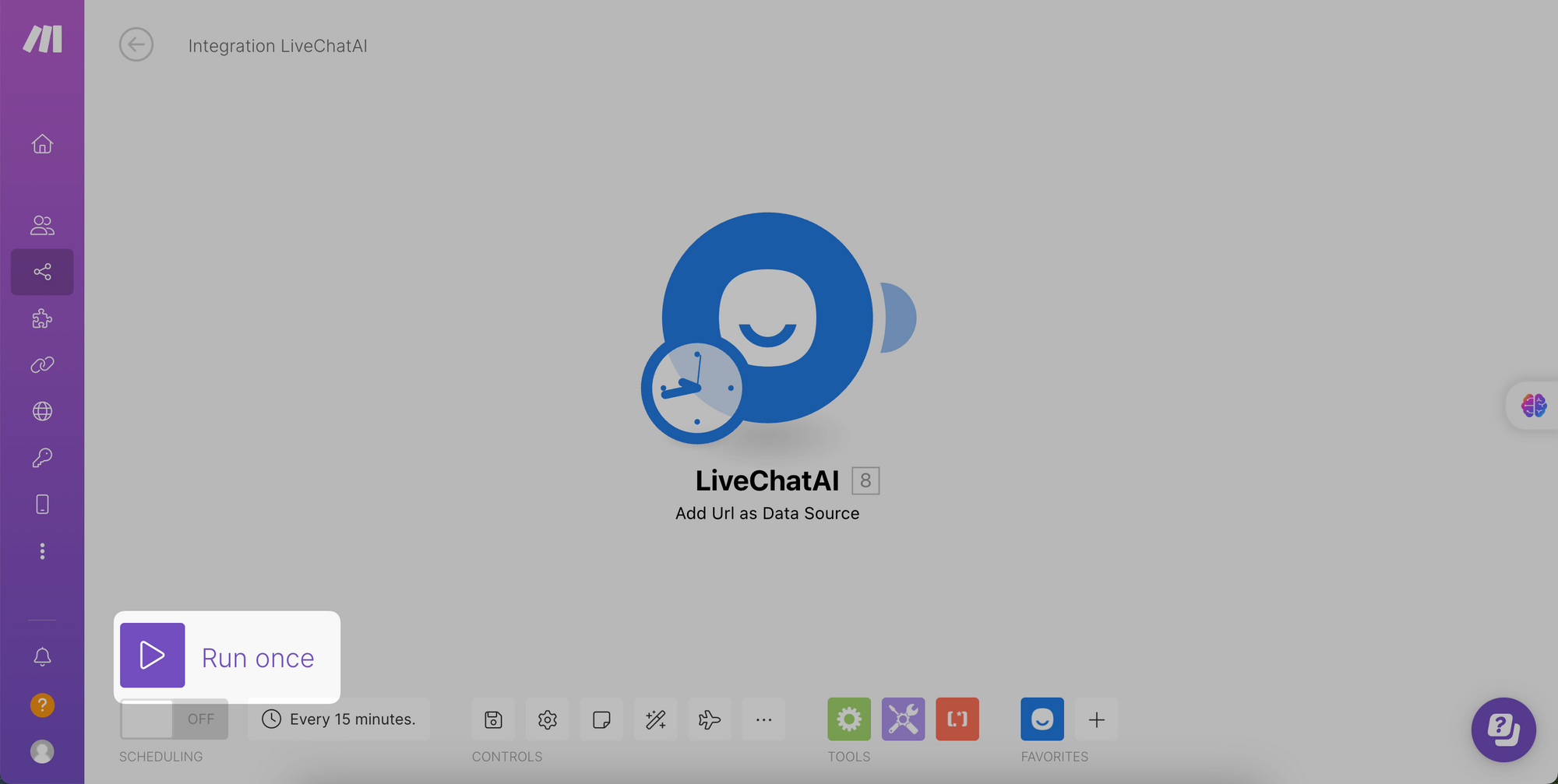 Clicking run once button in Make.com scenario for LiveChatAI integration