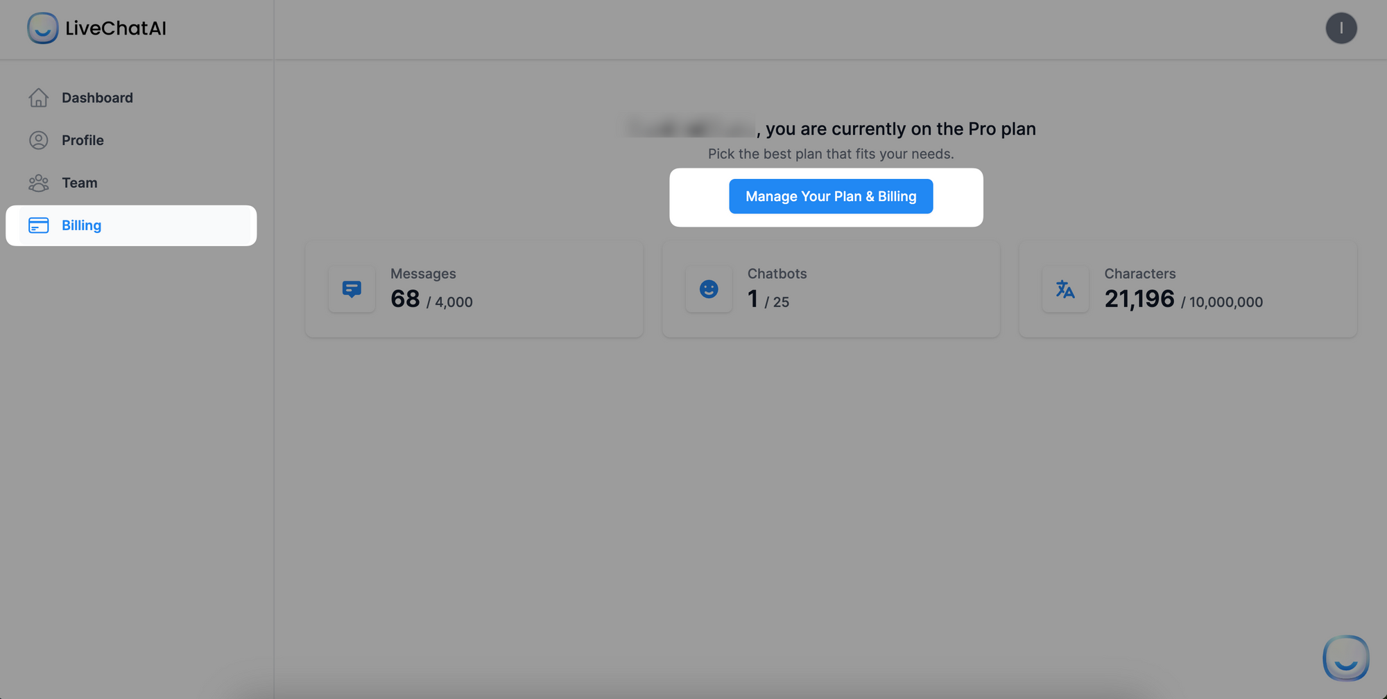 clicking manage your plan button under the Billing page in LiveChatAI