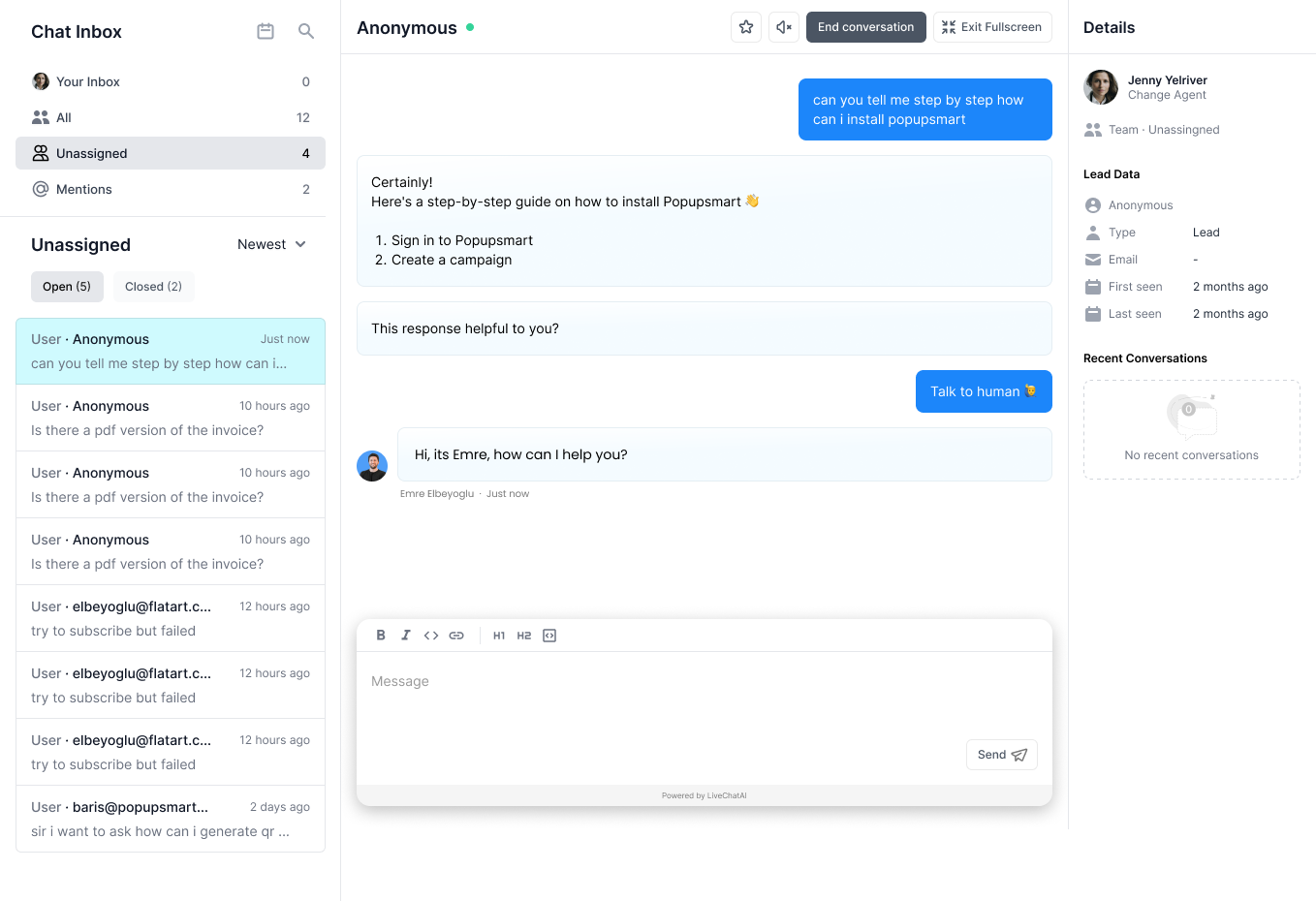 image attachment and new chat ui in Chat Inbox section in LiveChatAI