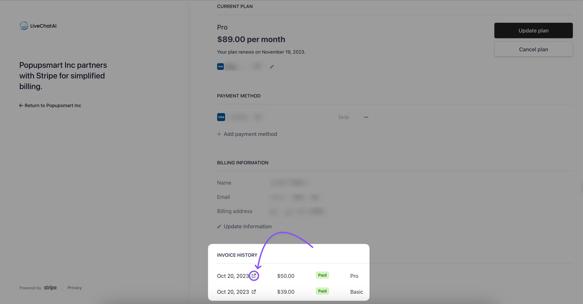 clciking on the download button to get the invoice of purchases of a LiveChatAI account