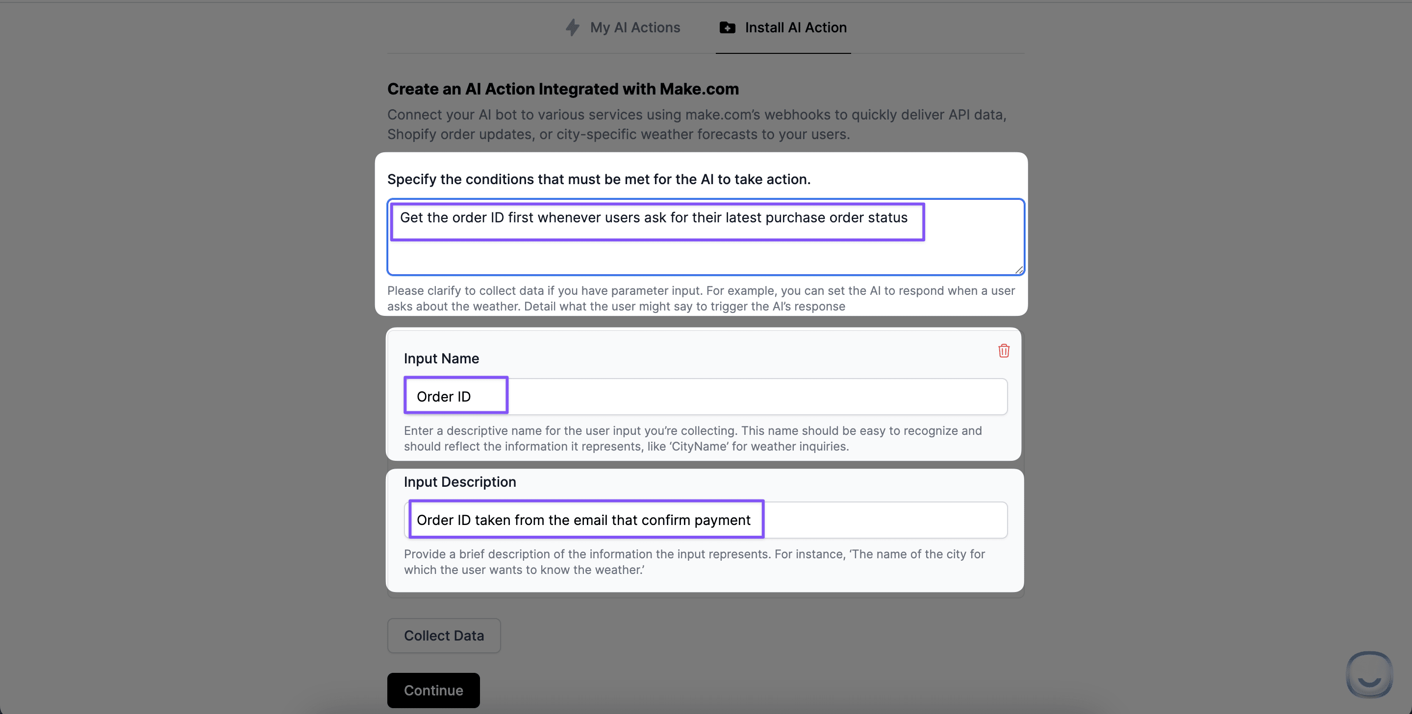 Entering input name and input description in LiveChatAI AI Action section