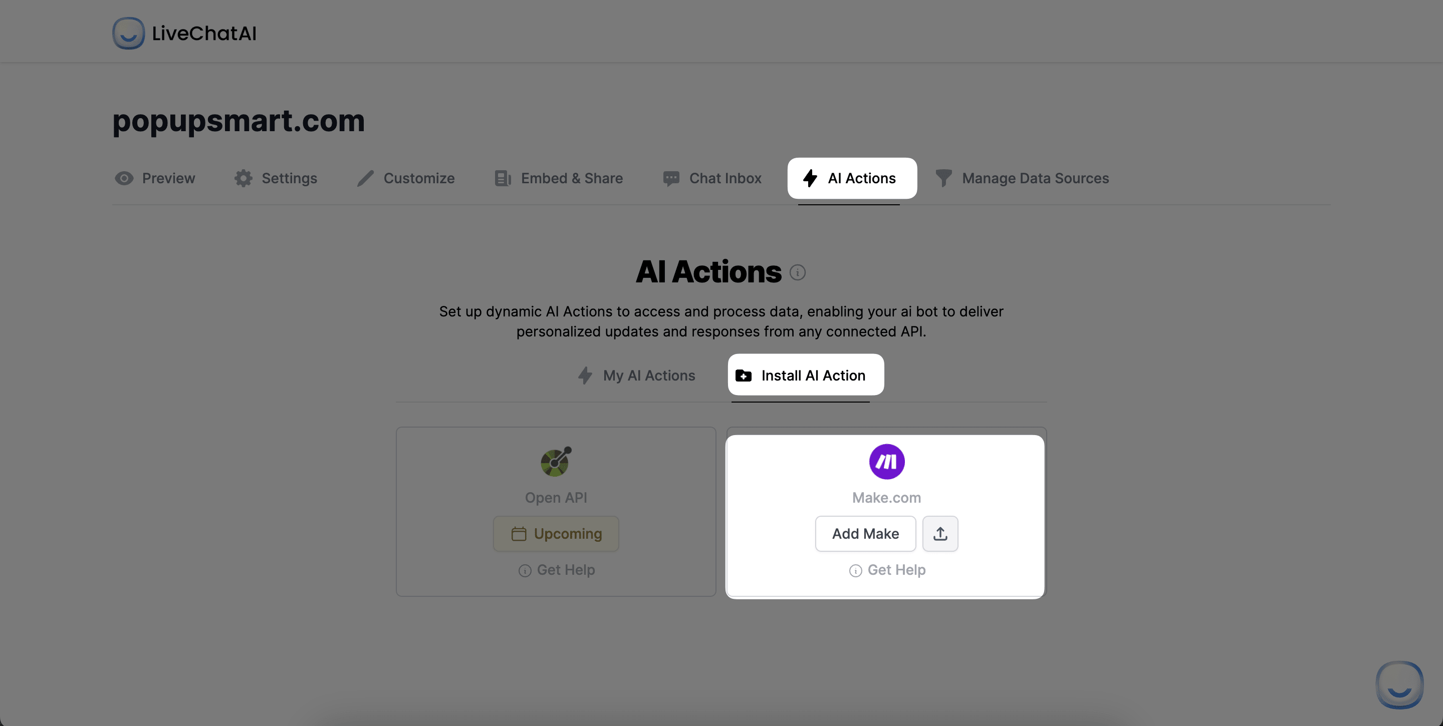 Make.com integration Section below Install AI Action in LiveChatAI AI Actions tab 