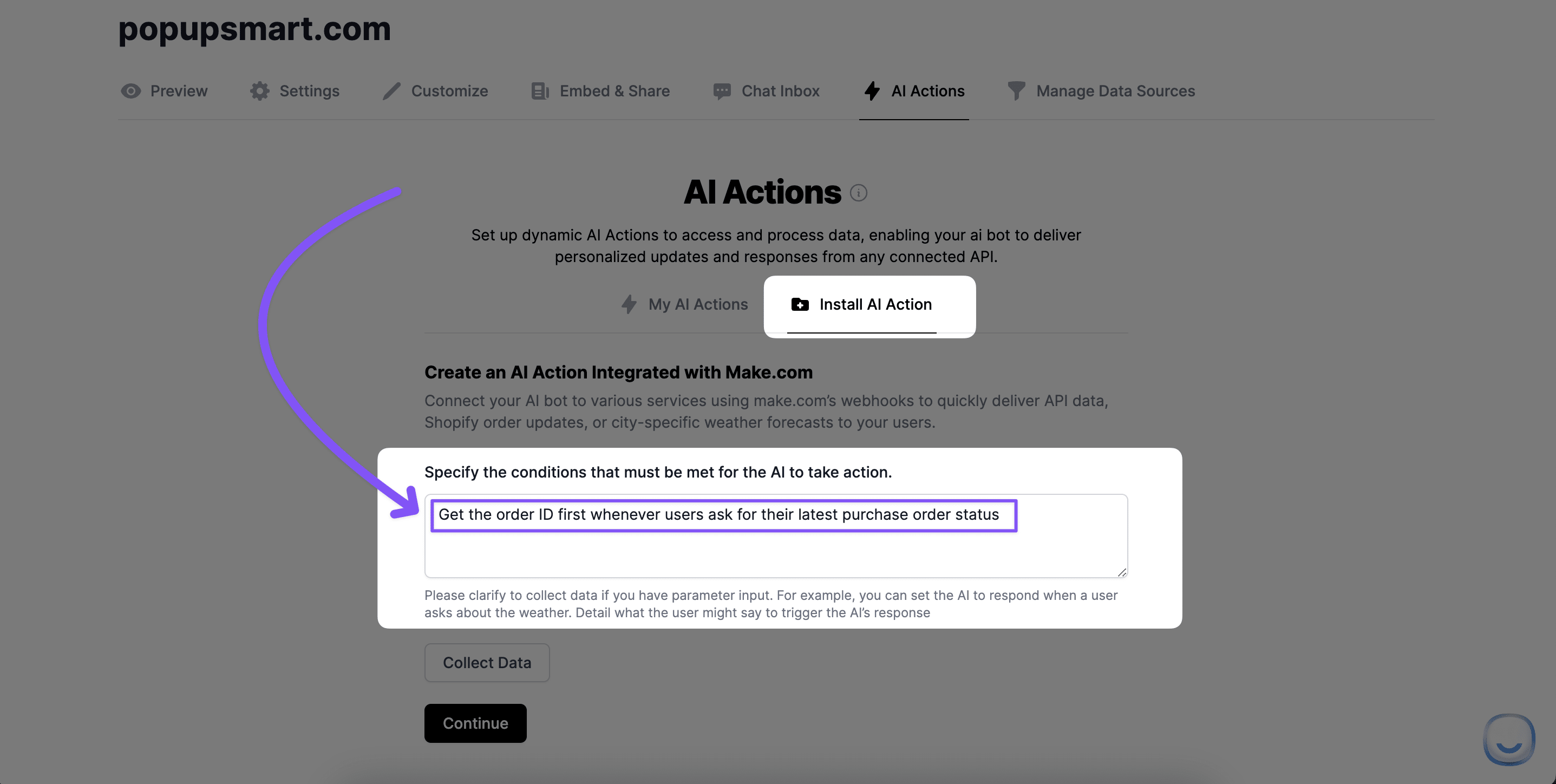 Specifying the condition in AI Action section for LiveChatAI