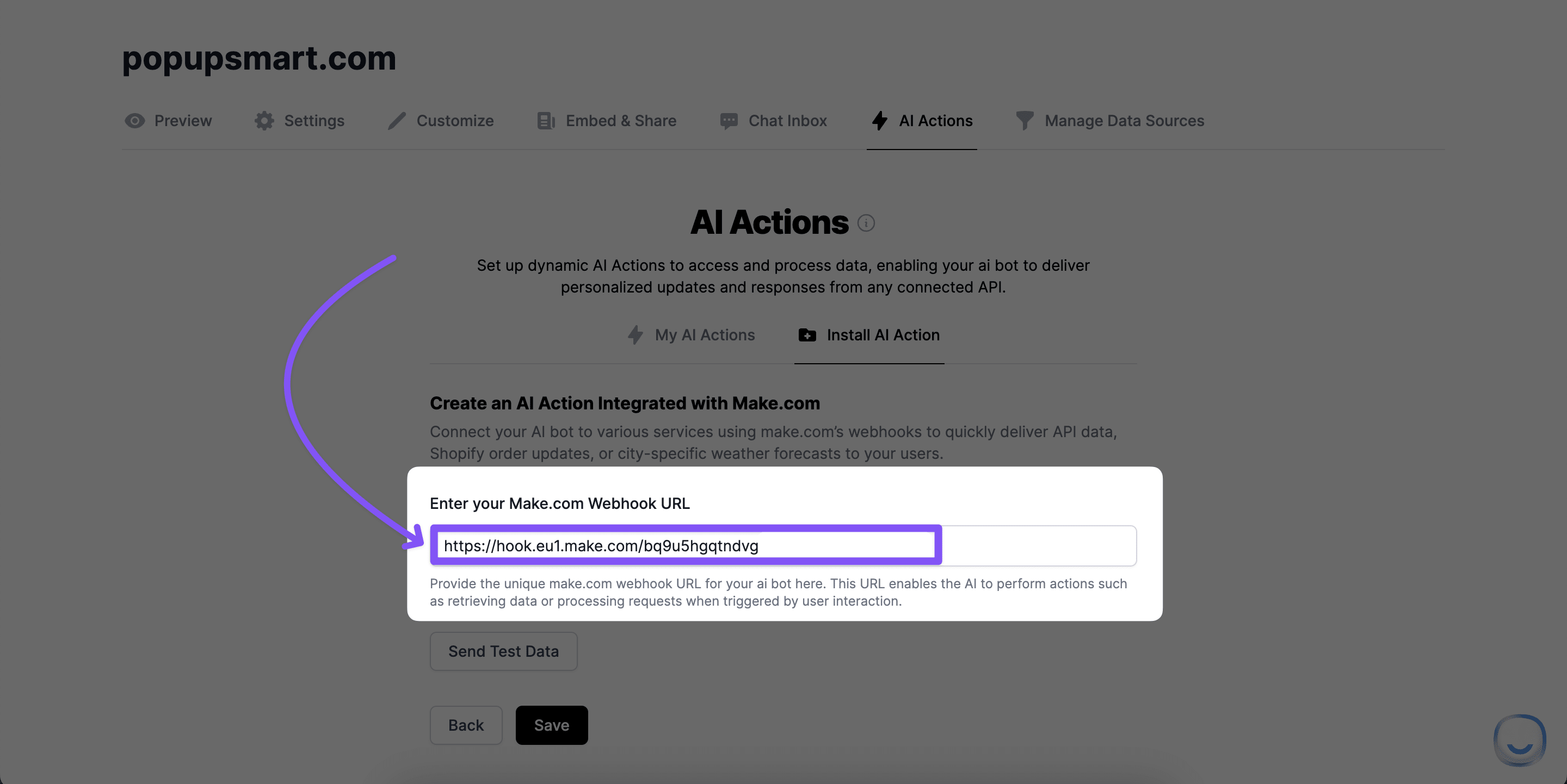 Pasting the Webhooks URL to AI Action Section in LiveChatAI