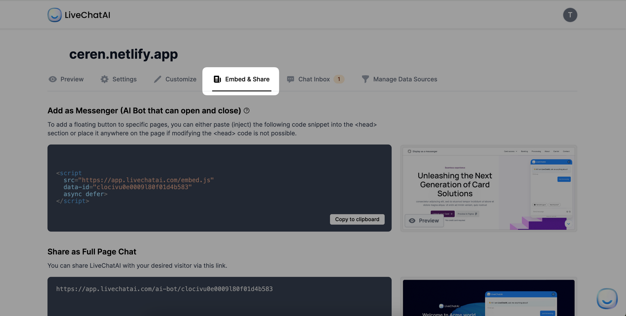 embed and share section in LiveChatAI