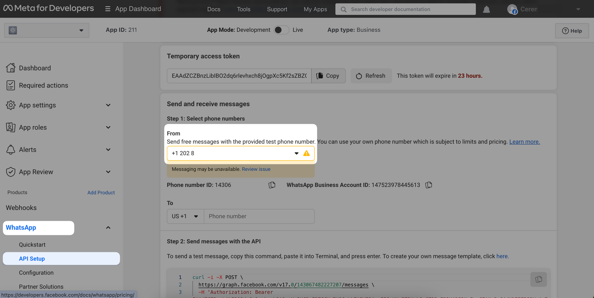 Getting the phone number from part in WhatApp API Setup section in Meta for Developers