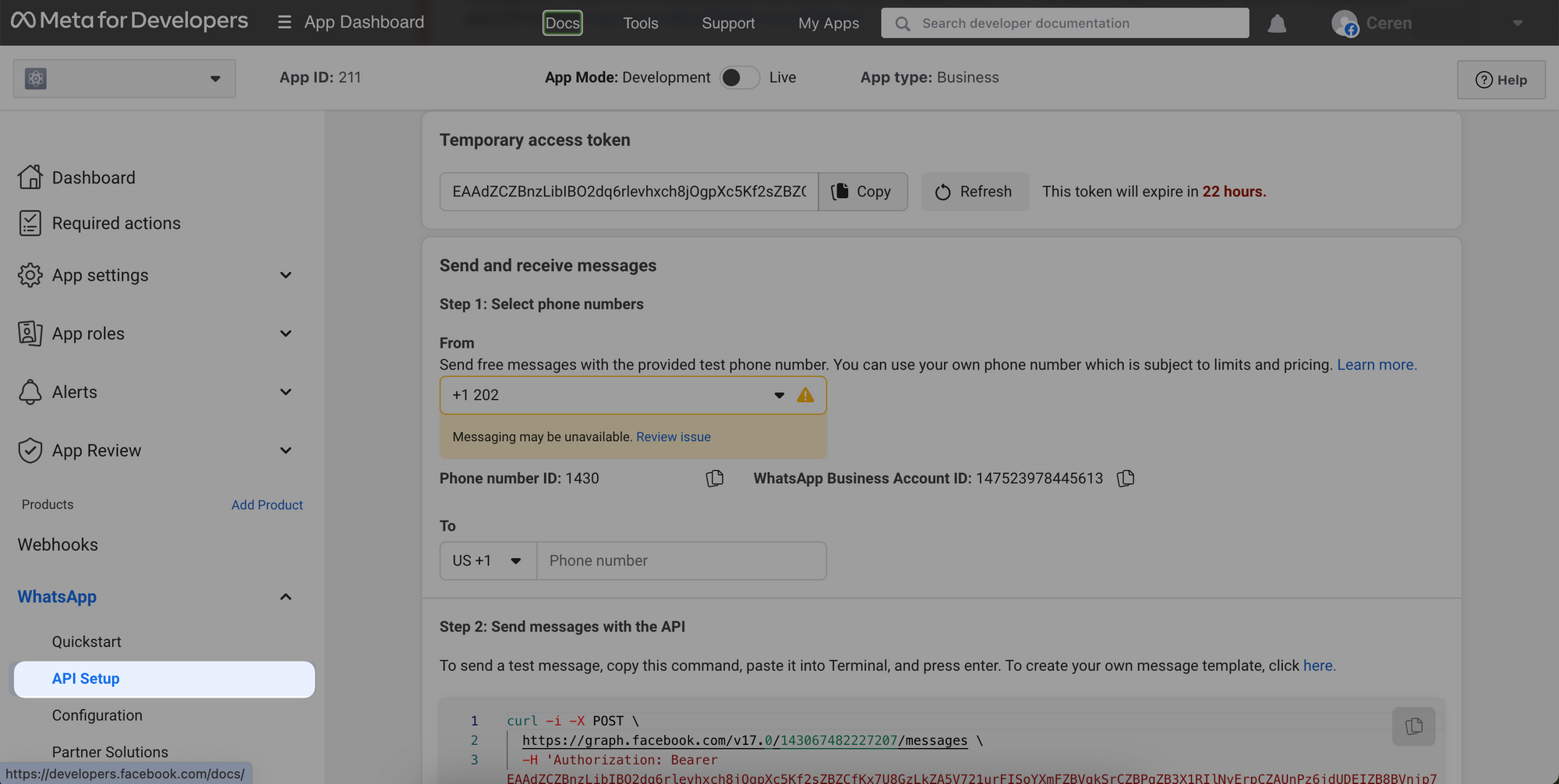 WhatsApp section in Meta for Developers from the API Setup part