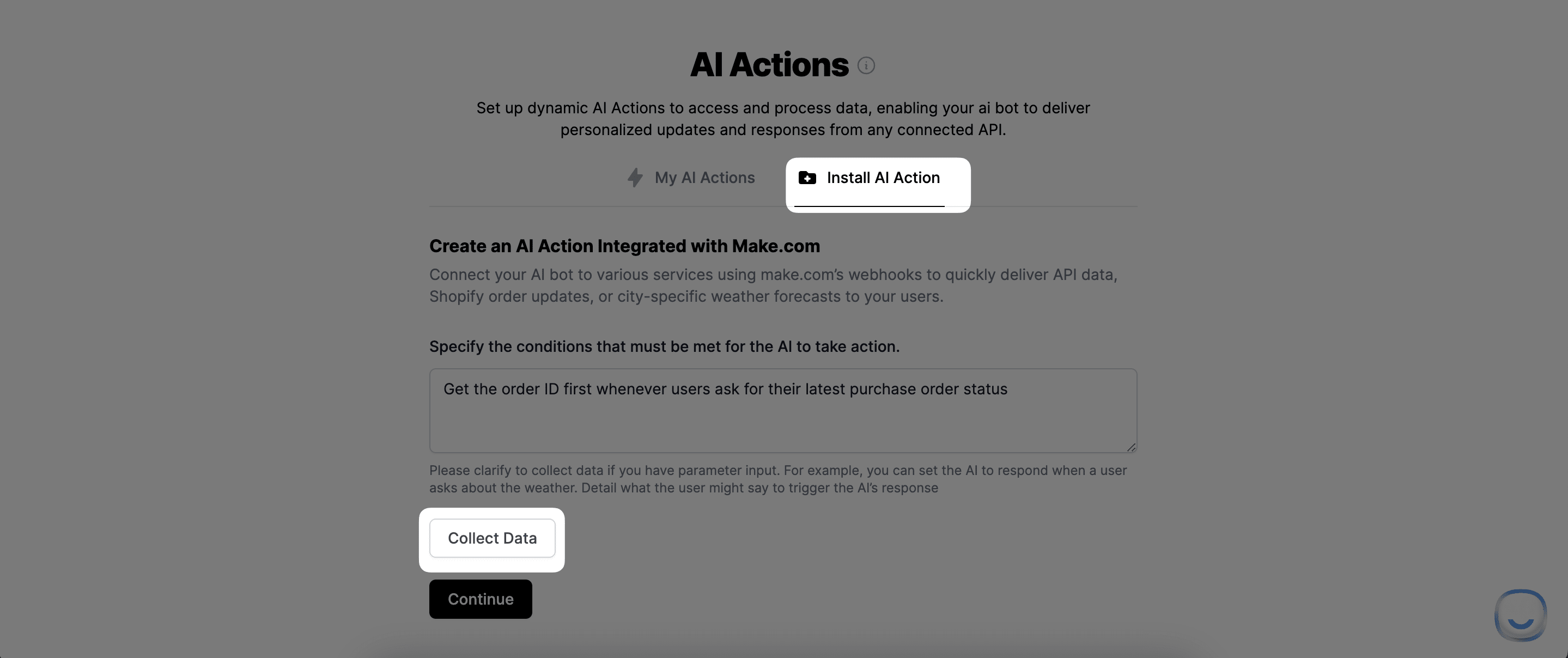 Clicking Collect Data button in Install AI Action section