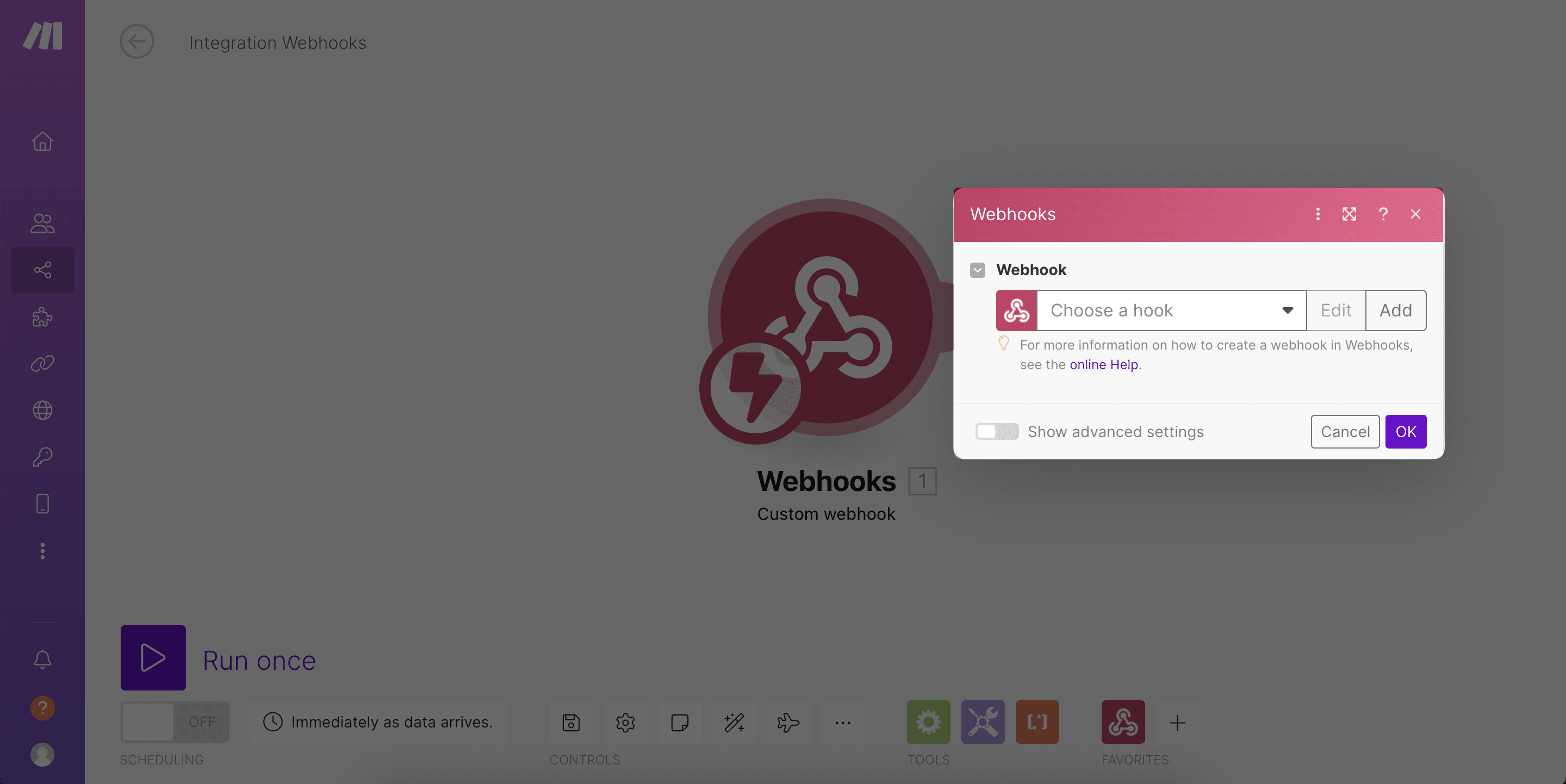 Choosing a hook in Webhook Module Make.com Modules