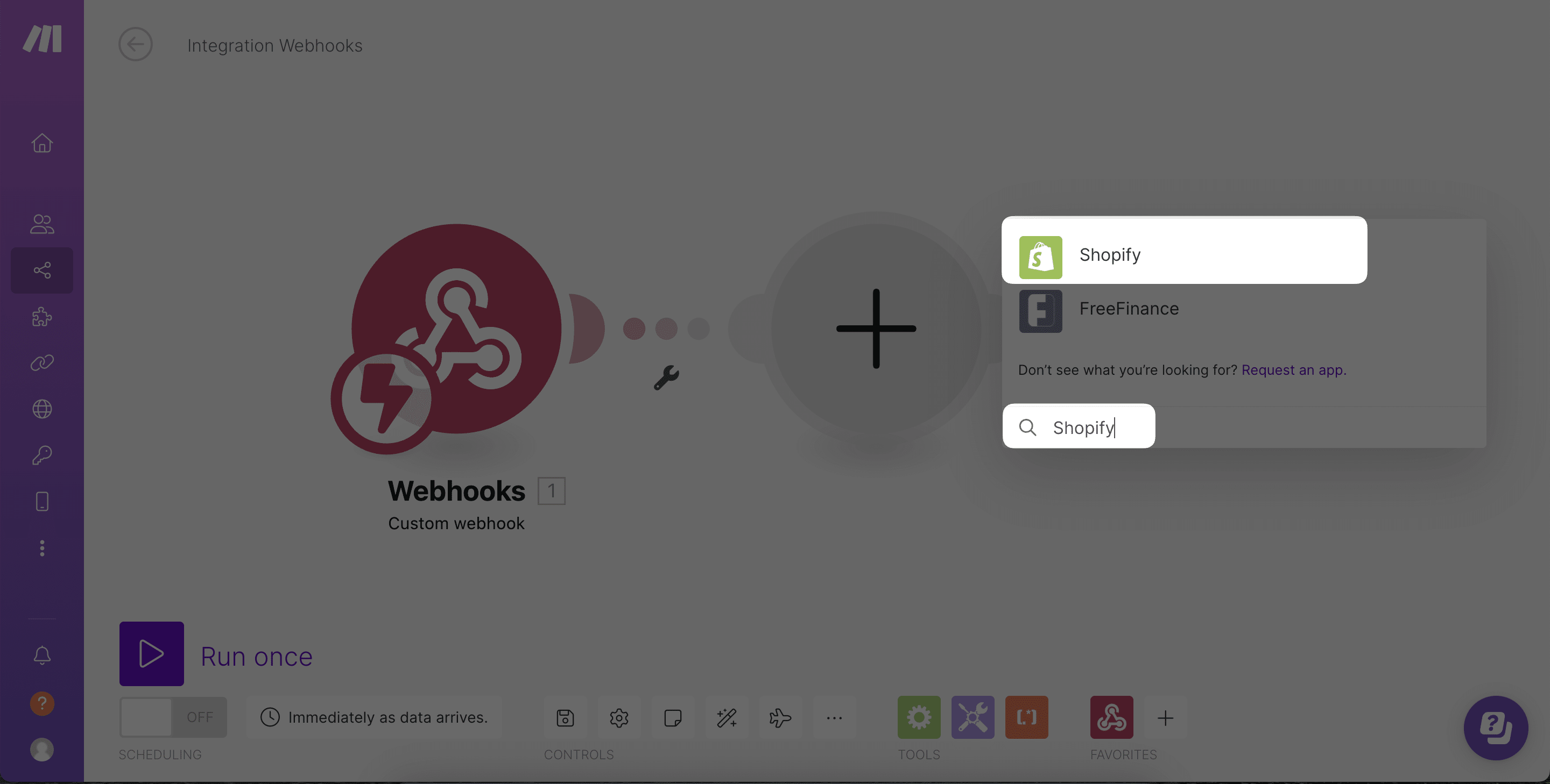 Adding Shopify app as a second module to the Scenario in Make.com