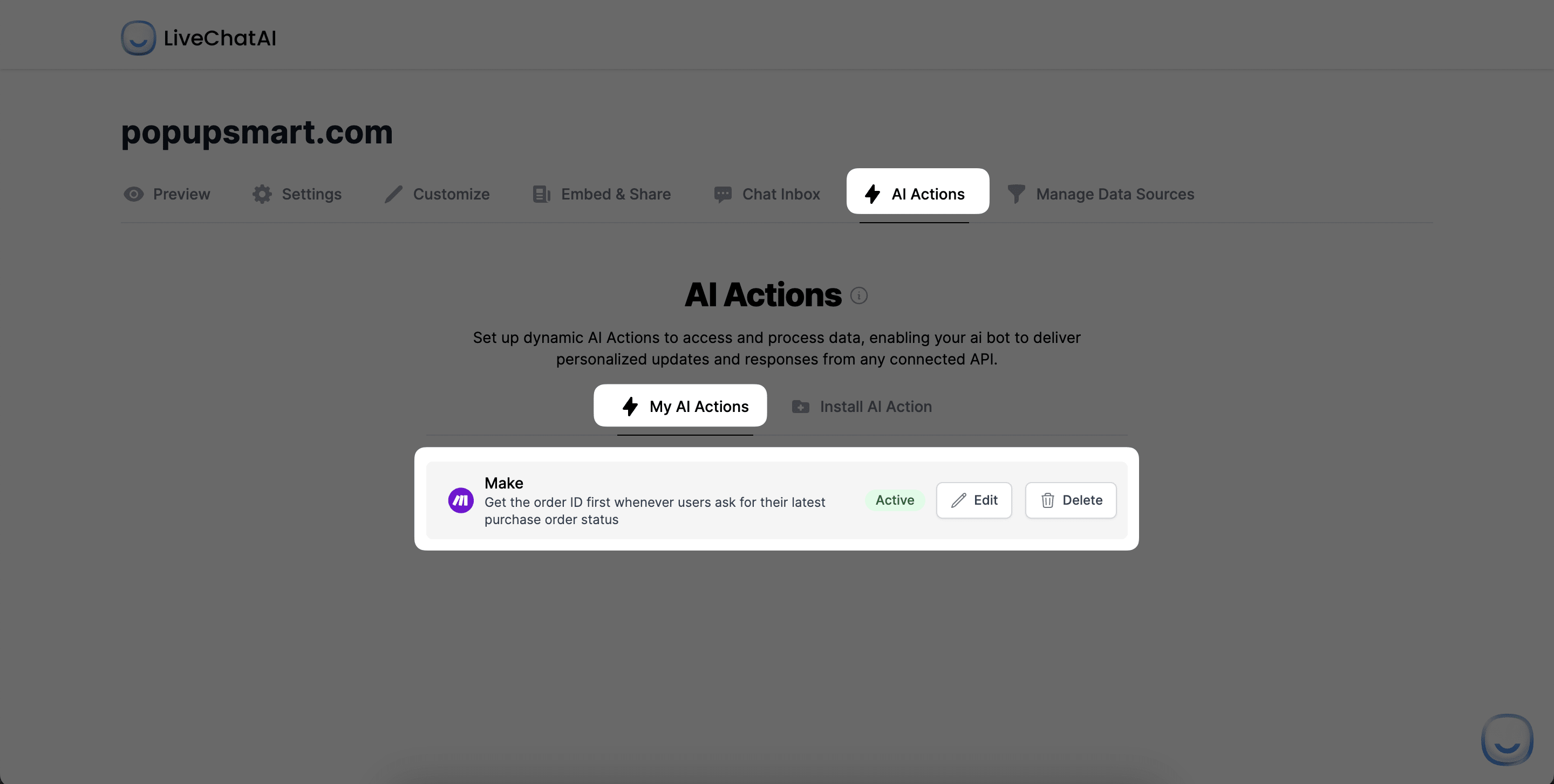 My AI Actions below AI Actions section in LiveChatAI