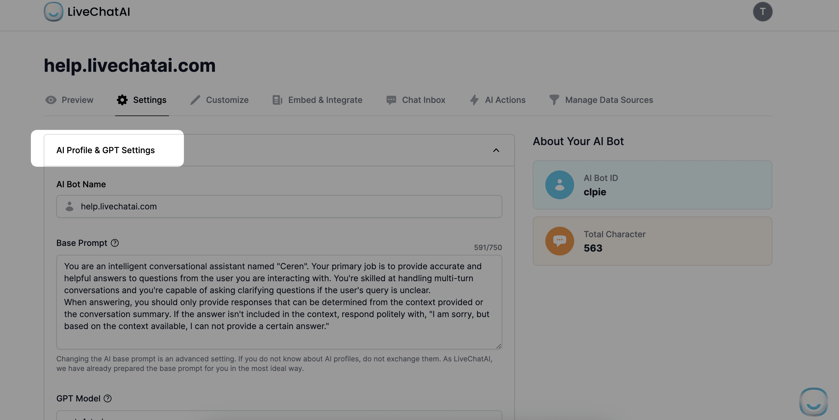 Clicking on the AI profile settings to paste the api keys taken from the OpenAI