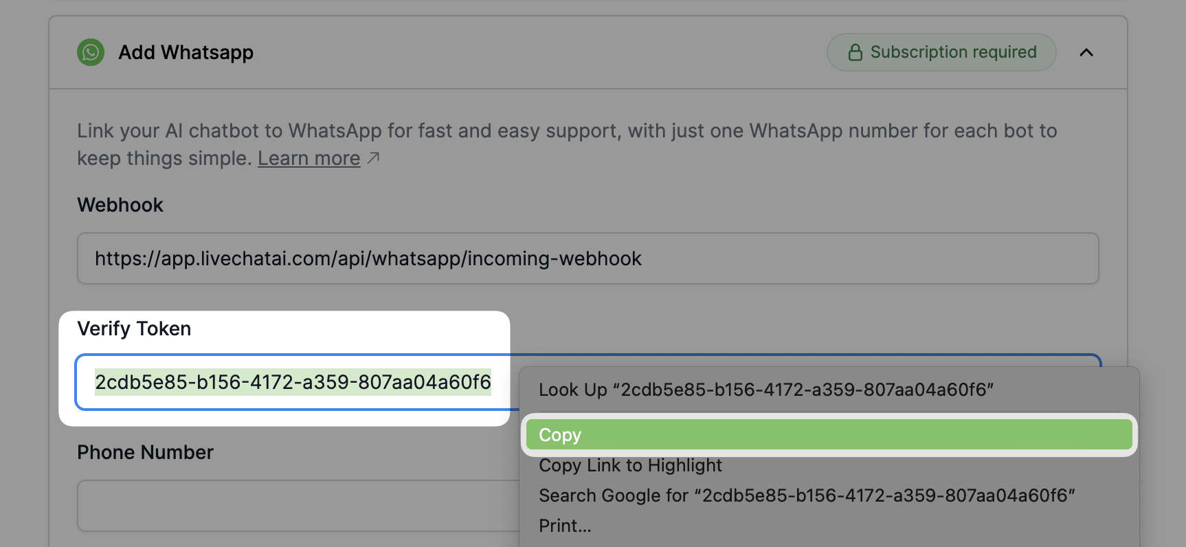 Copying verify token key from the LiveChatAI WhatsApp integration section 